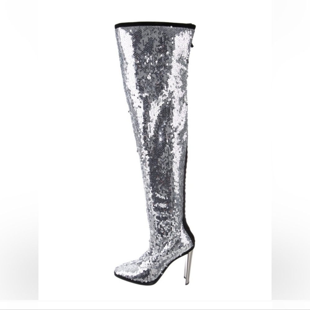 $1595 Athentic GIUSEPPE ZANOTTI Women’s Over The Knee Sequin Silve Cuissard Boot